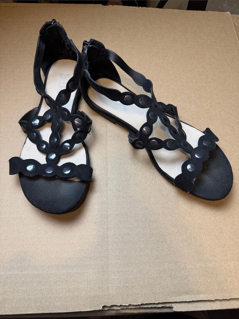 Brash Black Decorative Circle-Trim Flat Sandals